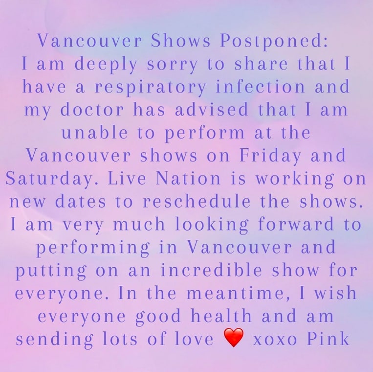 Pink Tunda Konsernya Lagi, Kini Karena Kena Infeksi Pernapasan