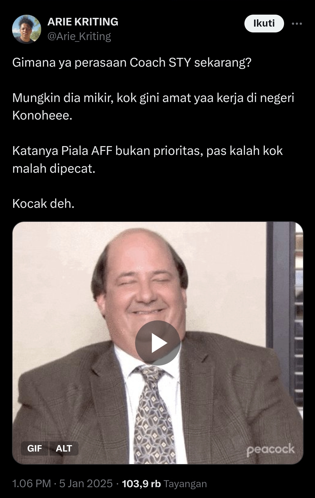 Tanggapan Arie Kriting Shin Tae-yong Dipecat