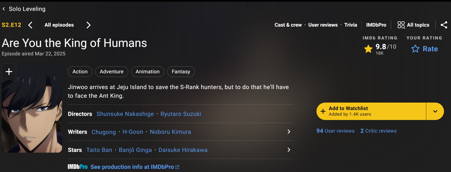 <i>Absolute Cinema</i>! Solo Leveling Season 2 Episode 12 Raih Rating Hampir Sempurna di IMDb
