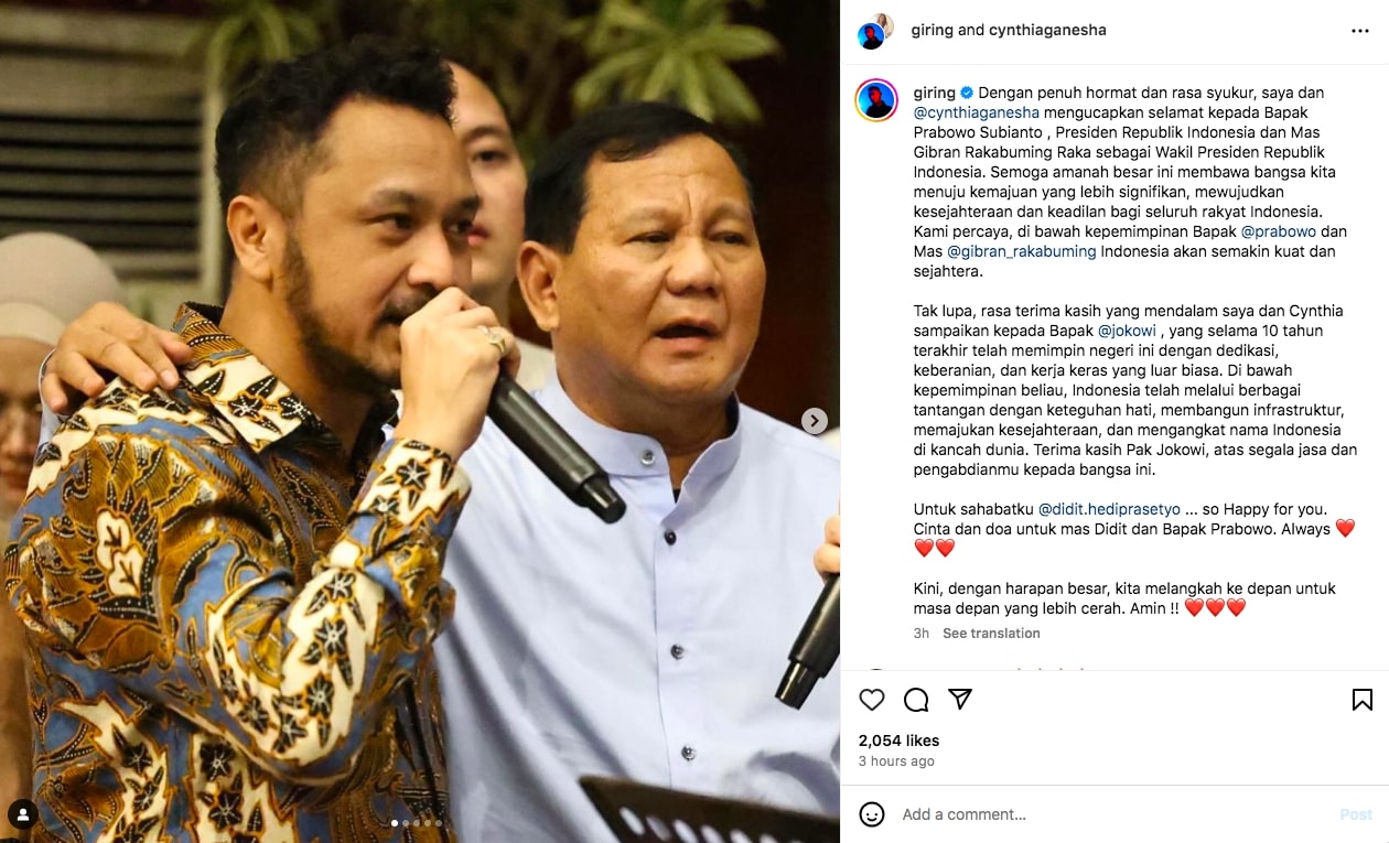Artis Ramai-ramai Ucapkan Selamat atas Pelantikan Prabowo-Gibran