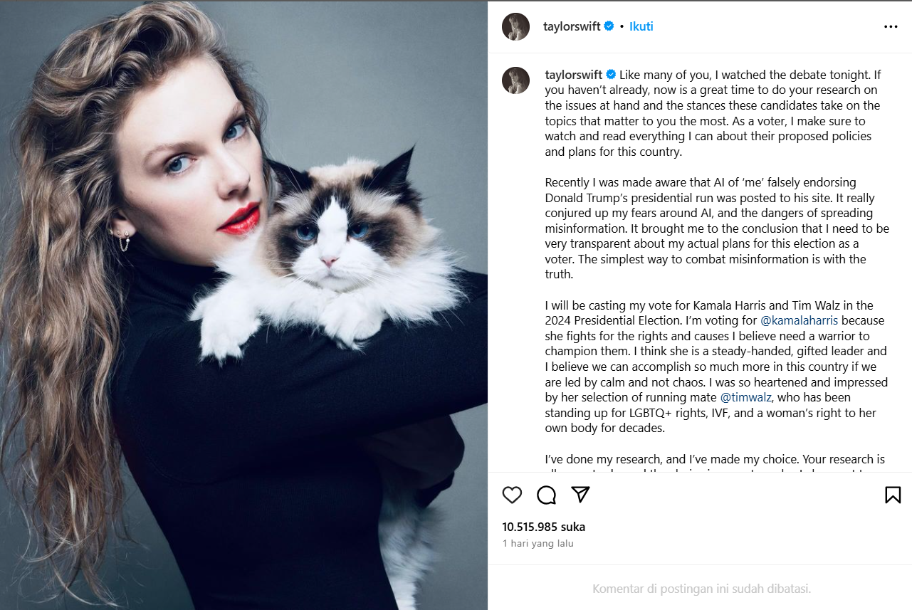 Taylor Swift Dukung Kamala Harris dalam Pilpres AS