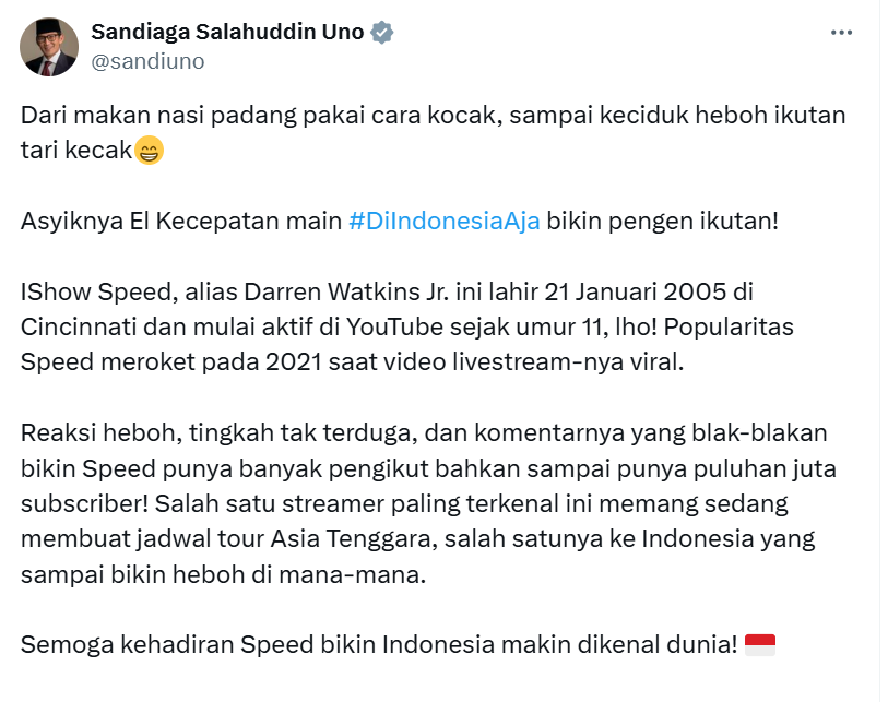 Sandiaga Uno Komen soal Speed di Indonesia, Reza Arap: Ke mana Saja, Pak?