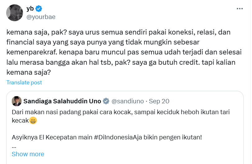 Sandiaga Uno Komen soal Speed di Indonesia, Reza Arap: Ke mana Saja, Pak?