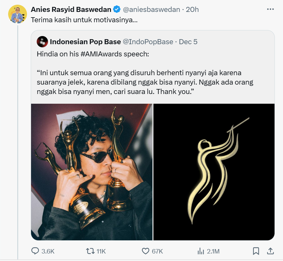 Anies Baswedan Komentari Pidato Kemenangan Hindia di AMI Awards