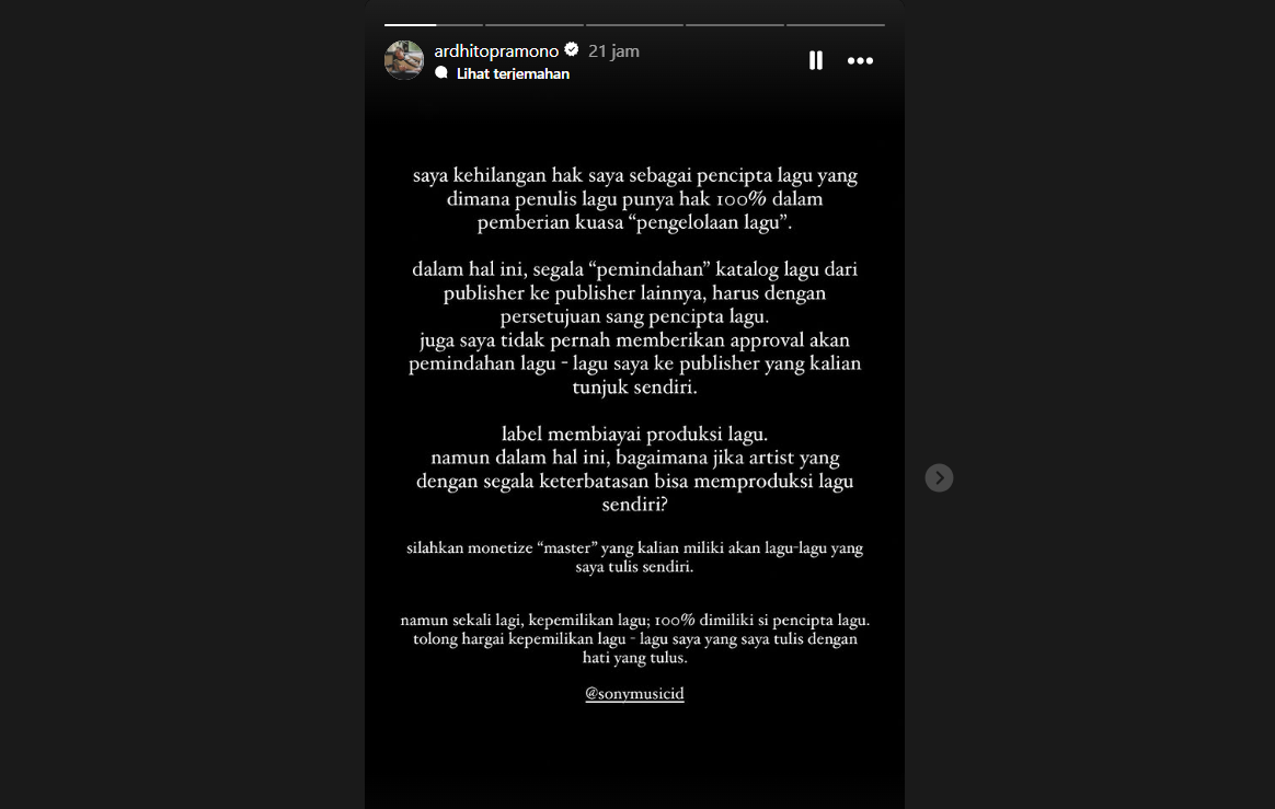 Ardhito Pramono Protes Keras ke Sony Music, Ada Apa?