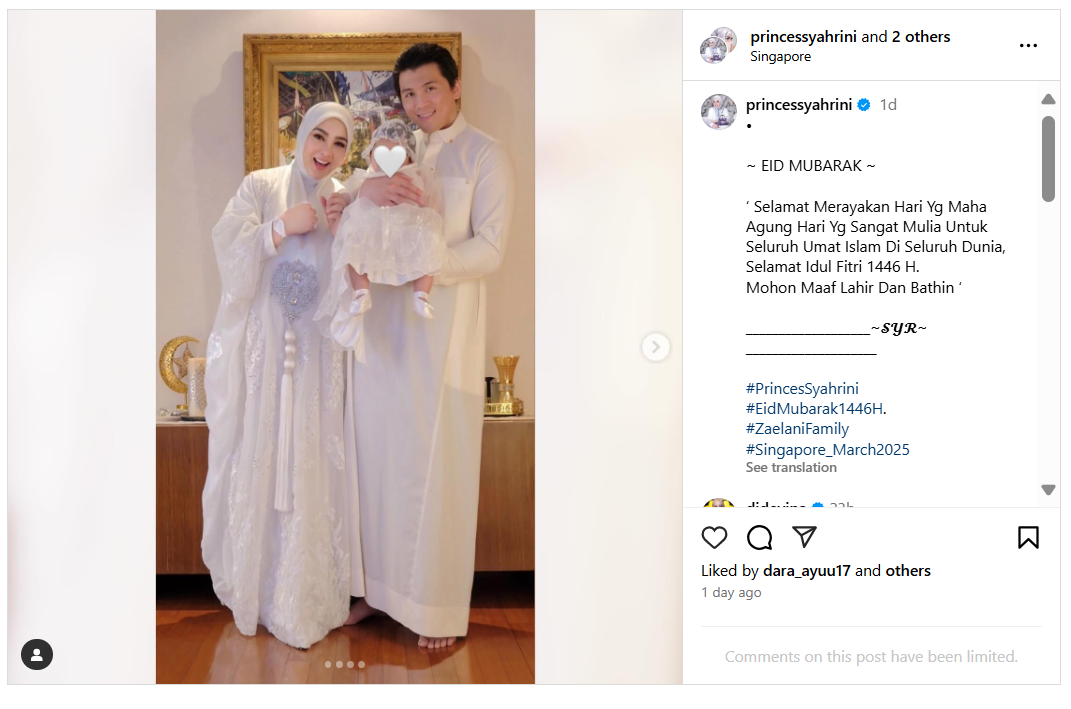 Syahrini dan Reino Barack Rayakan Lebaran 2025 Bersama Buah Hati di Singapura