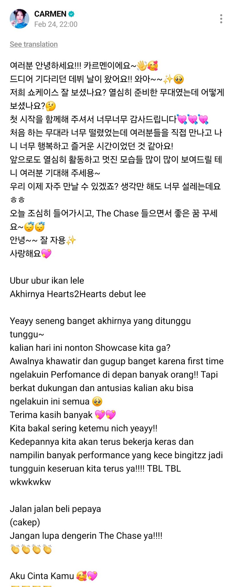 Resmi Debut, Carmen Hearts2Hearts Sapa Fans Pakai Pantun Ubur-ubur Ikan Lele
