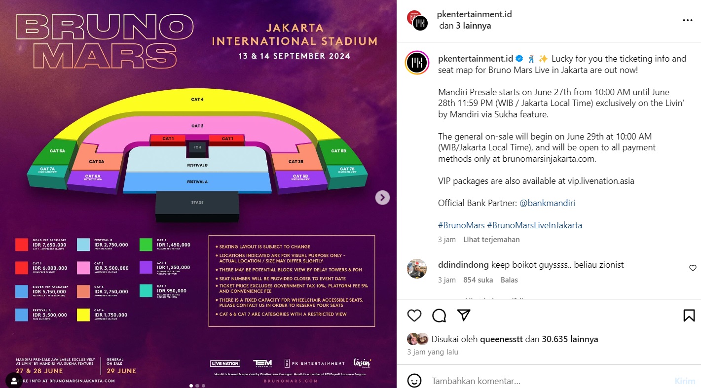 Daftar Harga Tiket Konser Bruno Mars di Jakarta, Termurah Rp950 Ribu