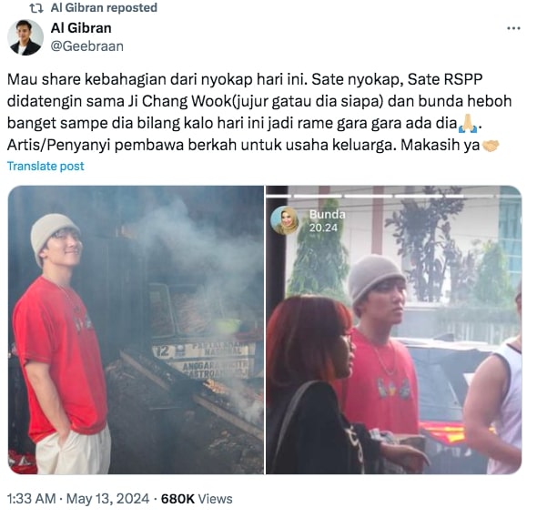 Ji Chang Wook Kunjungi Warung Sate di Jakarta, Anak Pemilik: Artis Pembawa Berkah