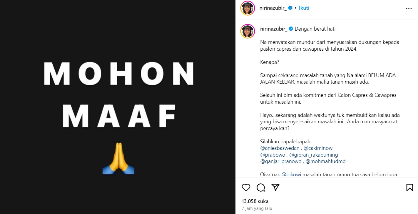 Nirina Zubir Mundur Dukung Capres Akibat Kasus Mafia Tanah Tak Kunjung Beres