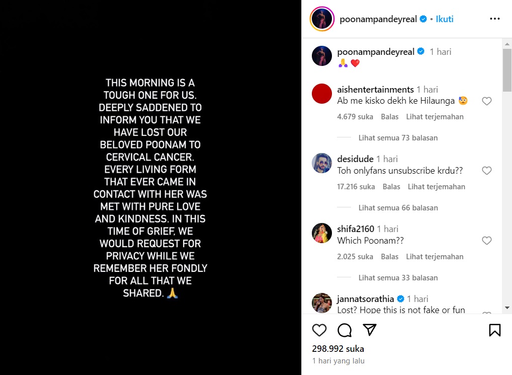 Artis Kontroversial India Poonam Pandey Meninggal Akibat Kanker Serviks