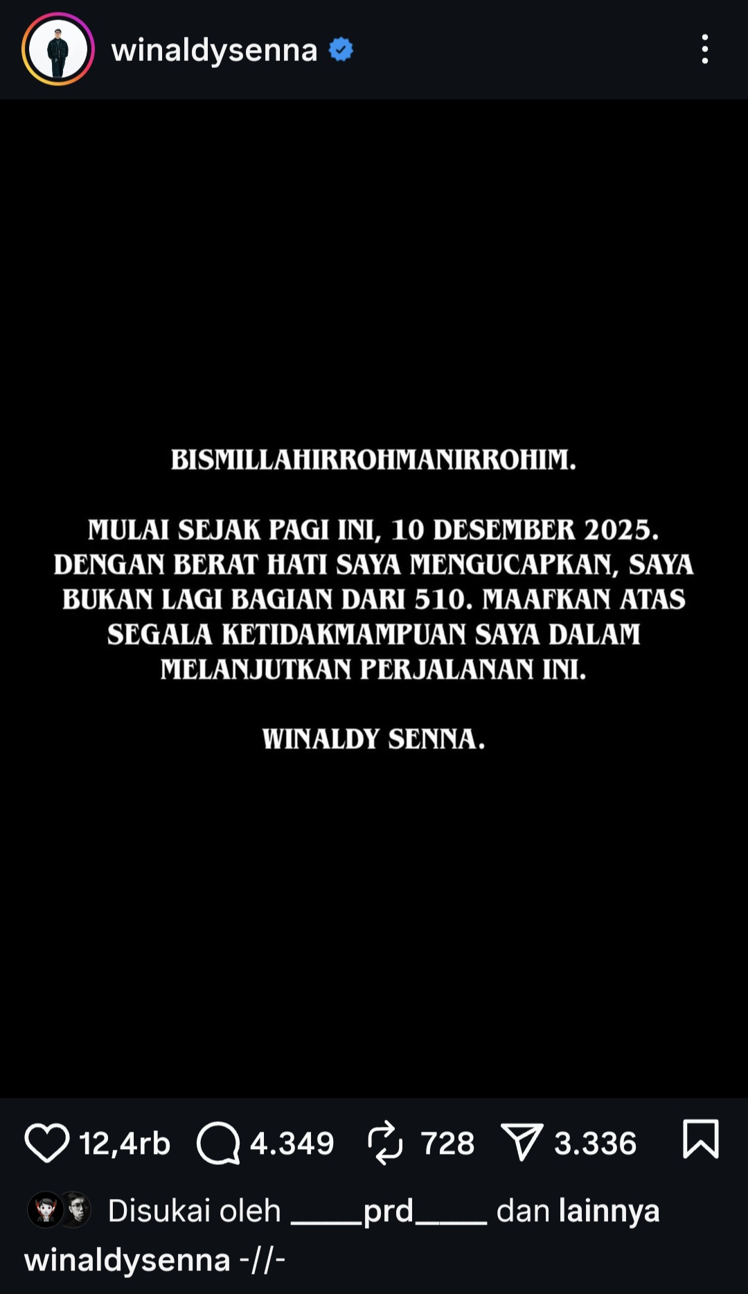 Drummer Winaldy Senna Memutuskan Keluar dari Band 510