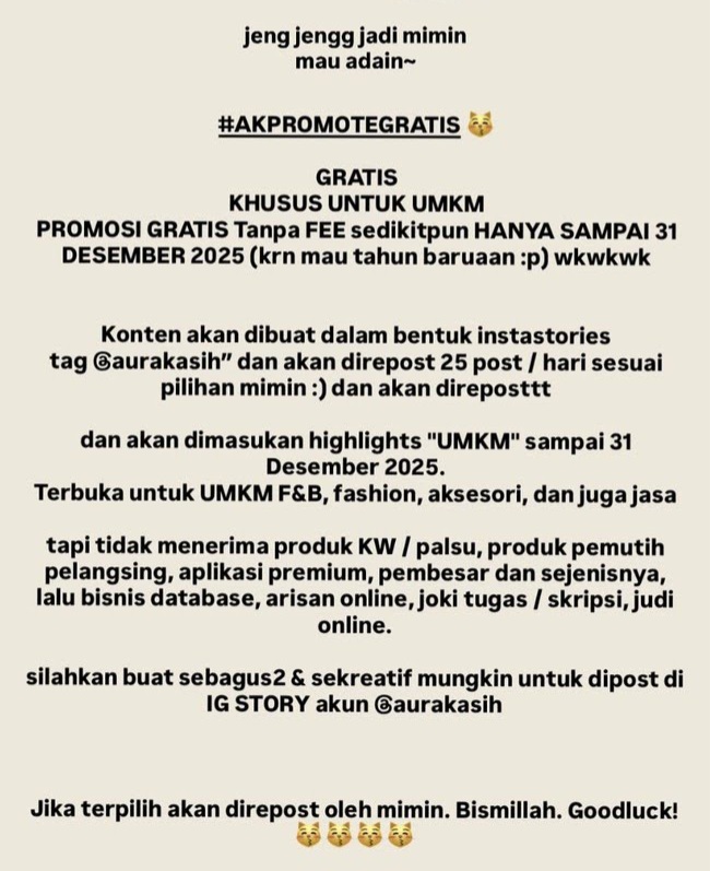 Akun Instagram Digeruduk Warganet, Aura Kasih Manfaatkan untuk Promo UMKM Gratis