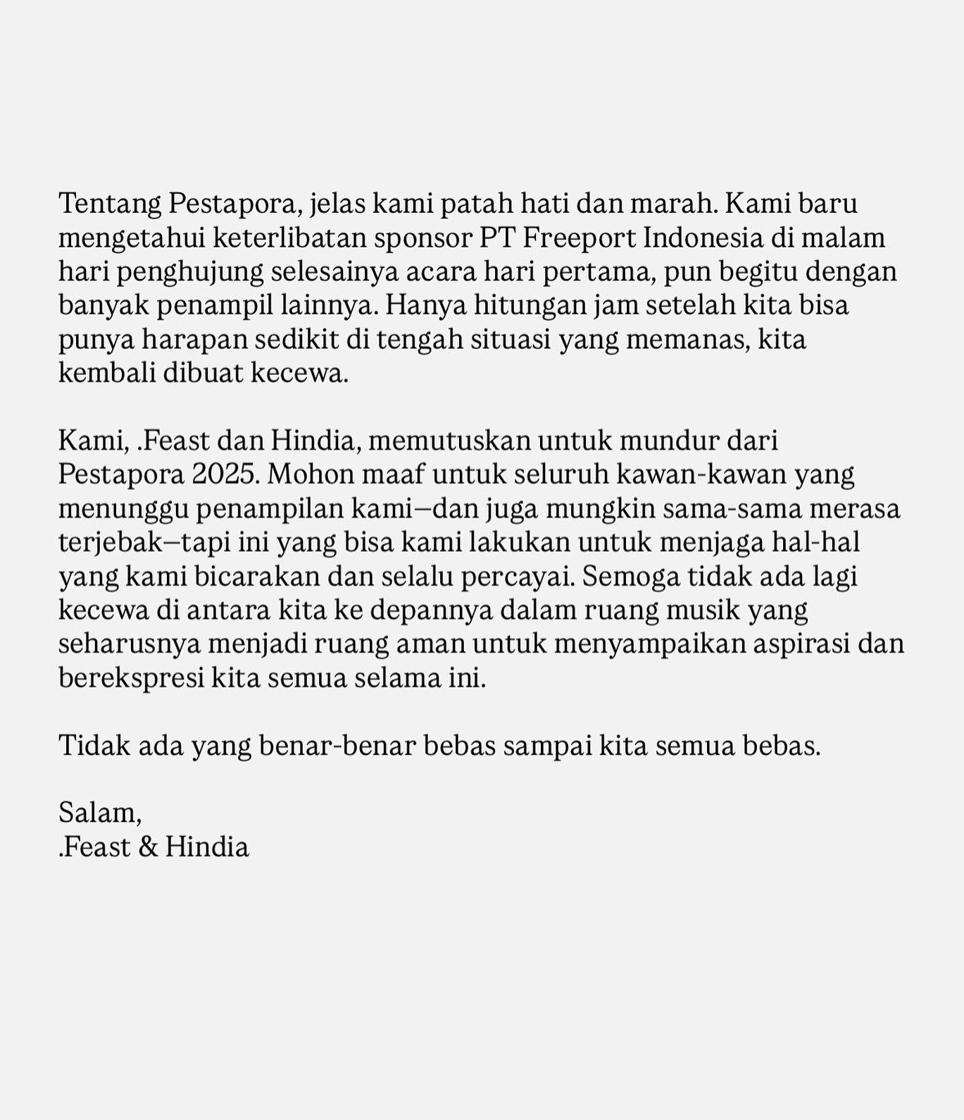 Patah Hati dan Marah, .Feast & Hindia Resmi Mundur dari Pestapora 2025