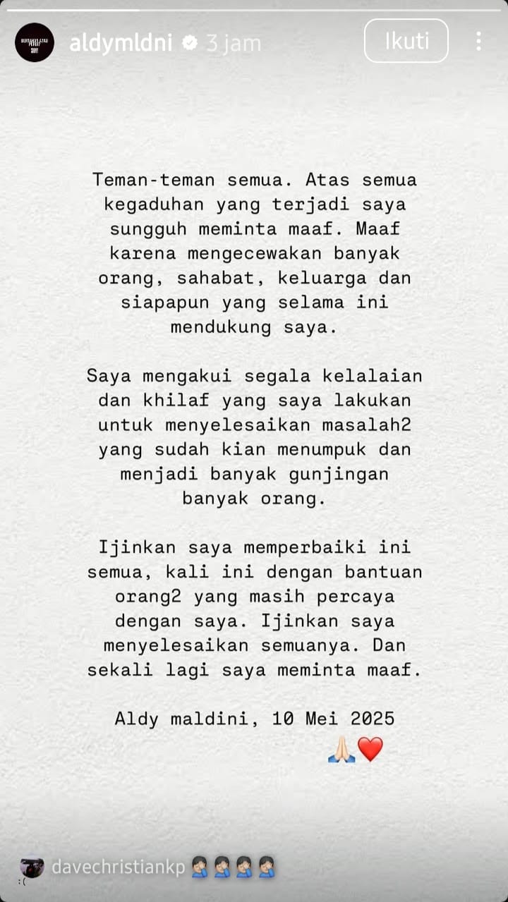 Dituduh Penipu oleh Penggemarnya, Aldy Maldini Mengaku Salah