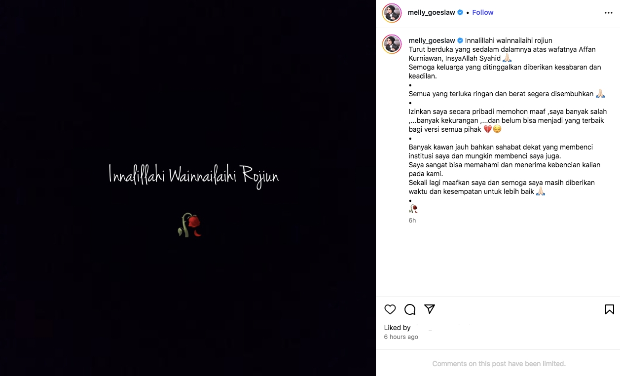 Melly Goeslaw Sampaikan Maaf dan Belasungkawa Atas Wafatnya Affan Kurniawan