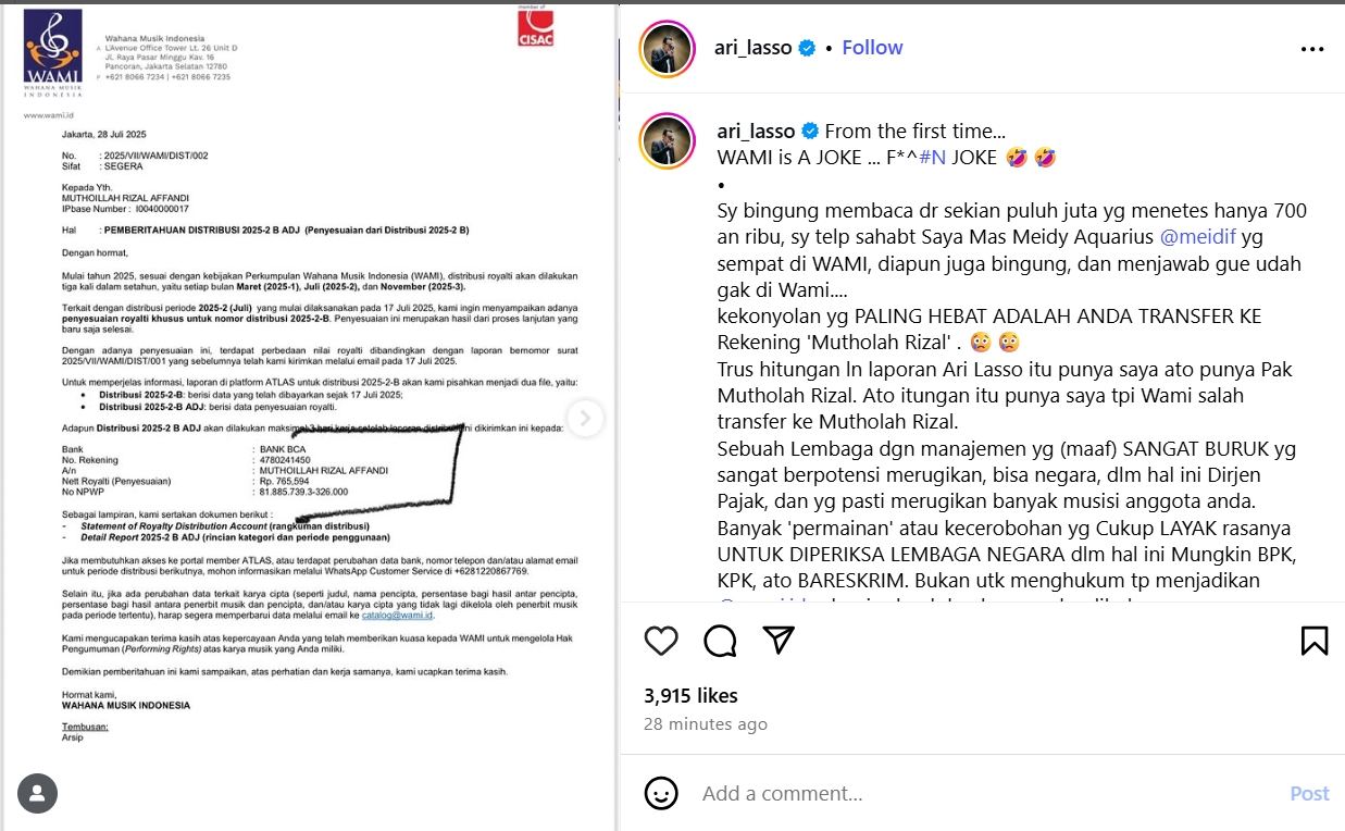 Ari Lasso Kecewa Berat dengan WAMI, Tuntut Negara Periksa Langsung