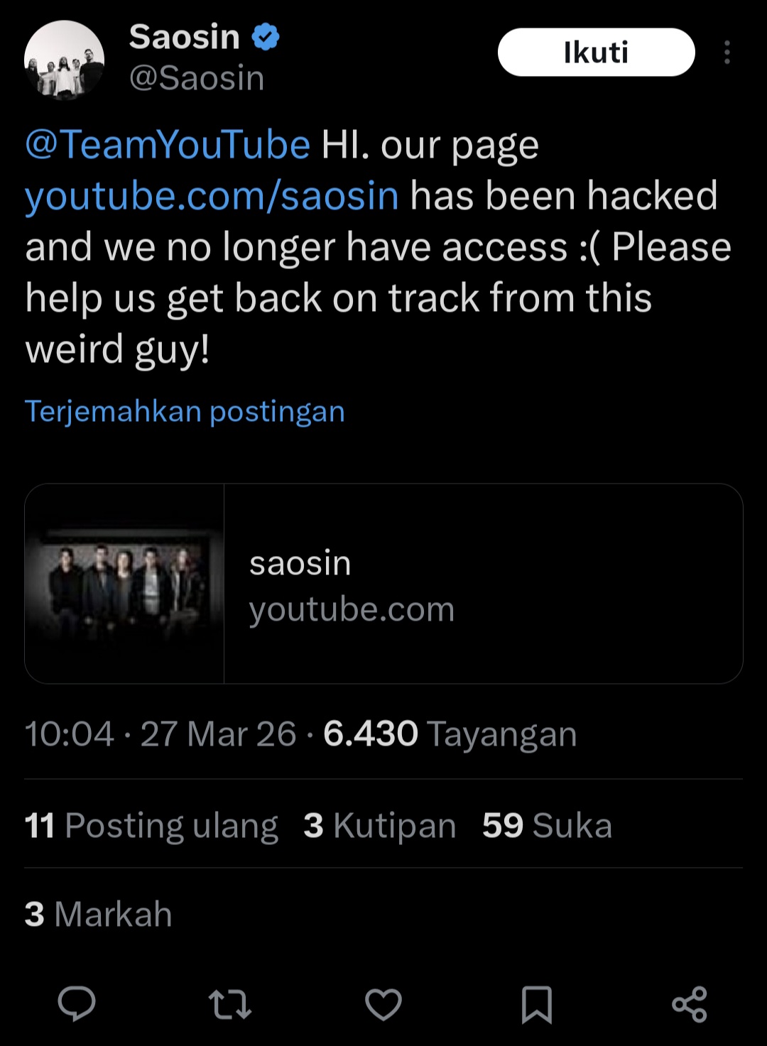 Saosin Baru Sadar Channel YouTube-nya Kena <i>Hack</i> setelah Setahun, Efek Jarang <i>Online</i>?