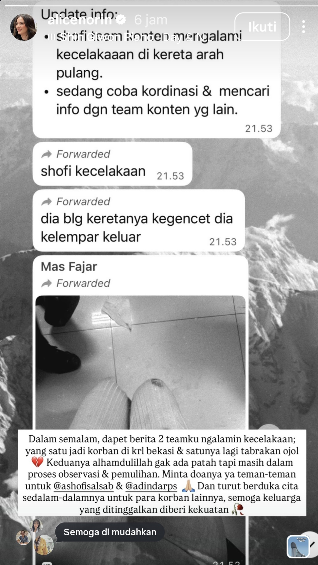 Karyawan Alice Norin jadi Korban Kecelakaan KRL Bekasi, Sempat Terjepit & Terlempar