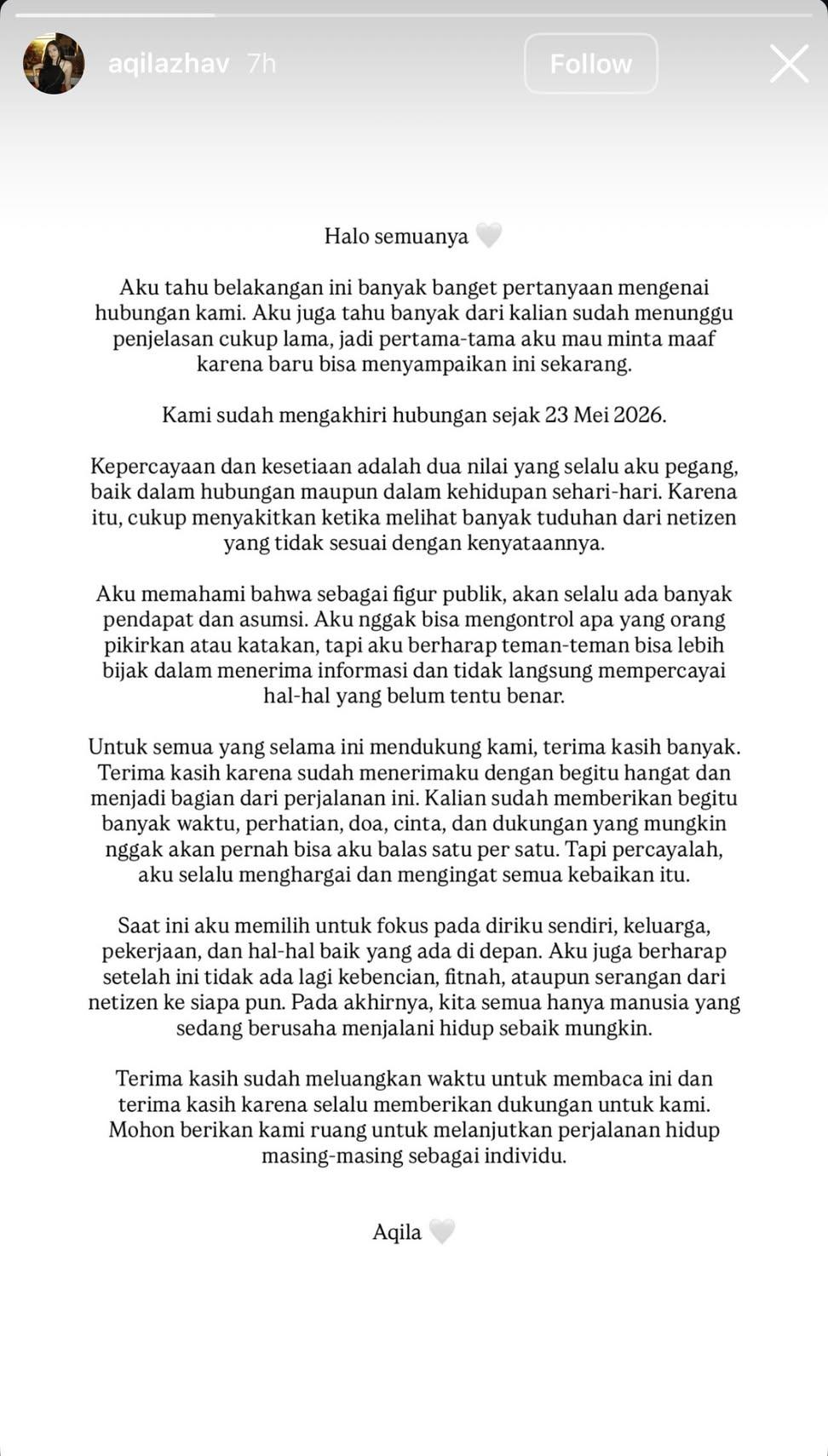 Aqila Zhavira Akhirnya Buka Suara soal Putus dari Betrand Peto: Cukup Menyakitkan
