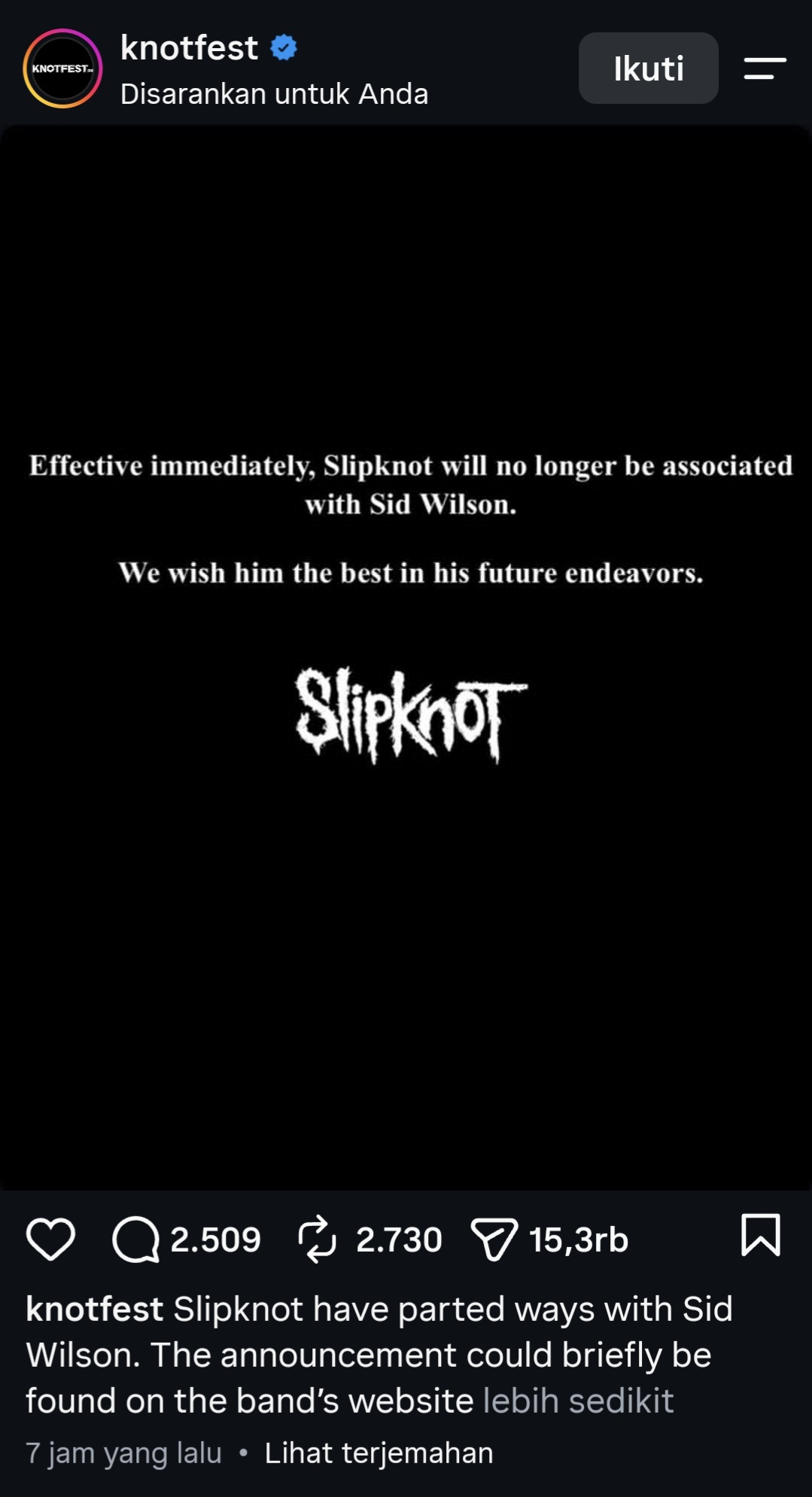 Slipknot Resmi Berpisah dengan Sid Wilson Setelah 27 Tahun Bersama