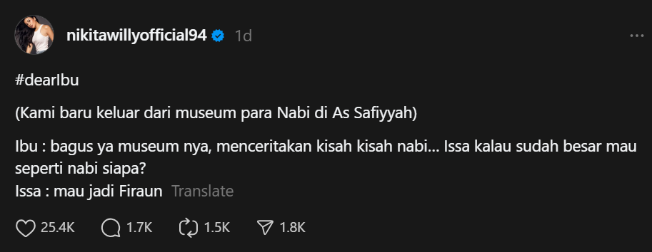 Jawaban Lucu Anak Nikita Willy: Ditanya Mau Jadi Nabi Siapa, Malah Pilih Firaun