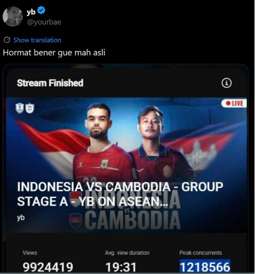 Top! Live Streaming Indonesia vs Kamboja di Kanal YouTube Reza Arap Tembus 1,2 Juta Penonton