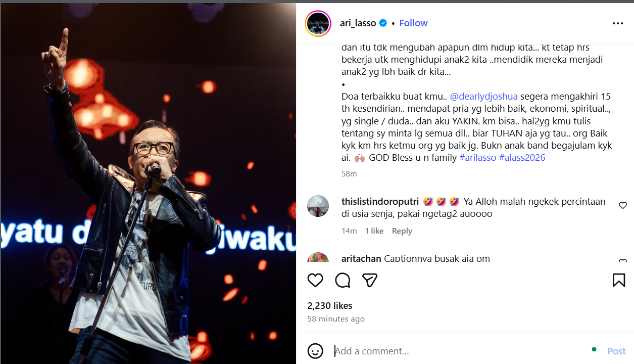 Ari Lasso ke Dearly Djoshua: Semoga Kamu Mengakhiri 15 Tahun Kesendirian