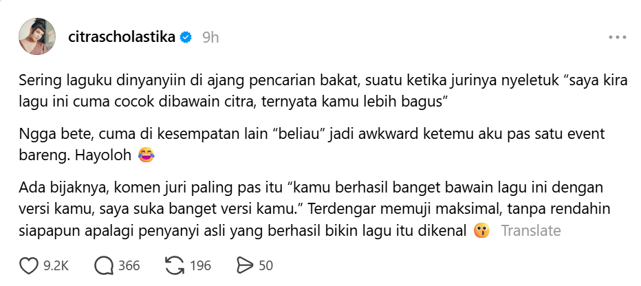 Citra Scholastika Curhat Soal Komentar Juri Lebih Bagus dari Penyanyi Asli, Nama Titi DJ Terseret