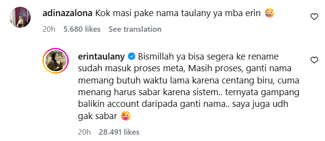alasan erin masih pakai nama taulany