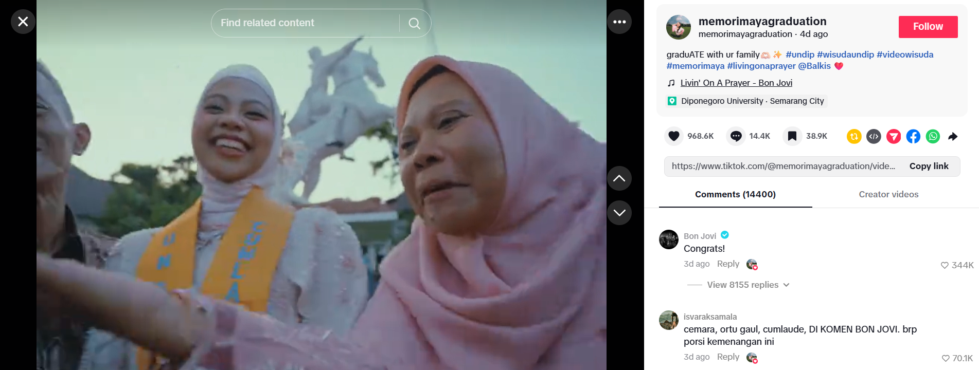 Video Wisuda Mahasiswi Undip Viral usai Dikomentari Bon Jovi