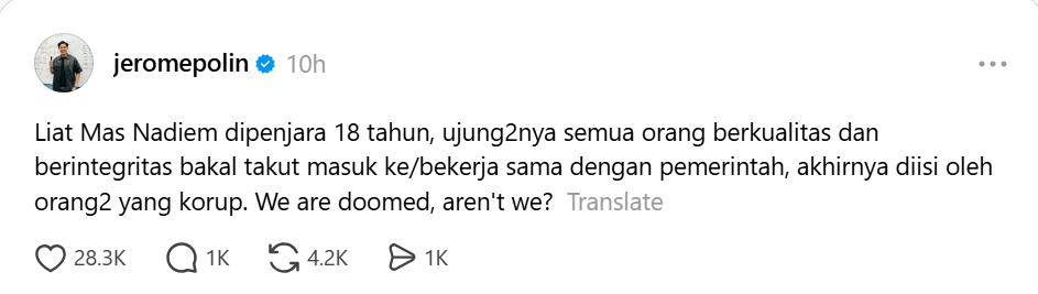 Nadiem Makarim Dituntut 18 Tahun Penjara Kasus Chromebook, Ini Reaksi Jerome Polin