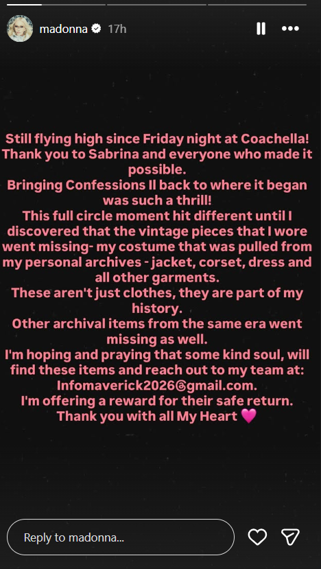 Kostum Bersejarah Madonna Hilang di Coachella 2026, Sang Diva Janjikan Imbalan
