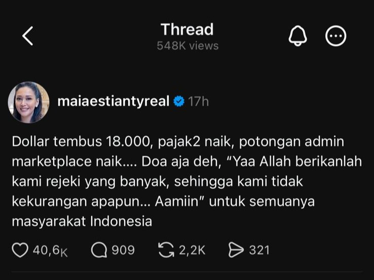 Dolar AS Tembus Rp18 Ribu, Maia Estianty Panjatkan Doa Ini