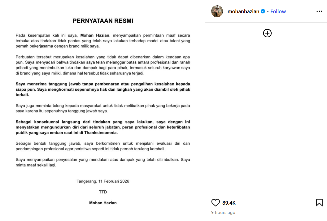 Akui Kesalahan, Mohan Hazian Minta Maaf ke Korban Pelecehan