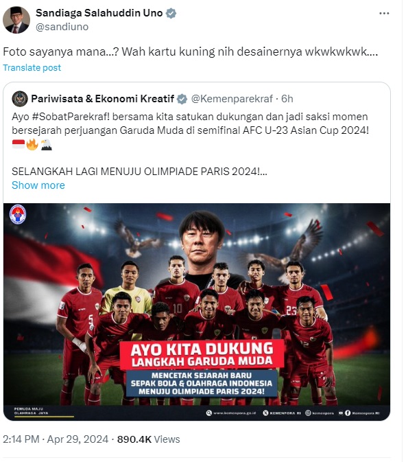 Canda Sandiaga Uno Poster Nobar Timnas Indonesia U-23 Tidak Ada Foto Dirinya: Wah Kartu Kuning