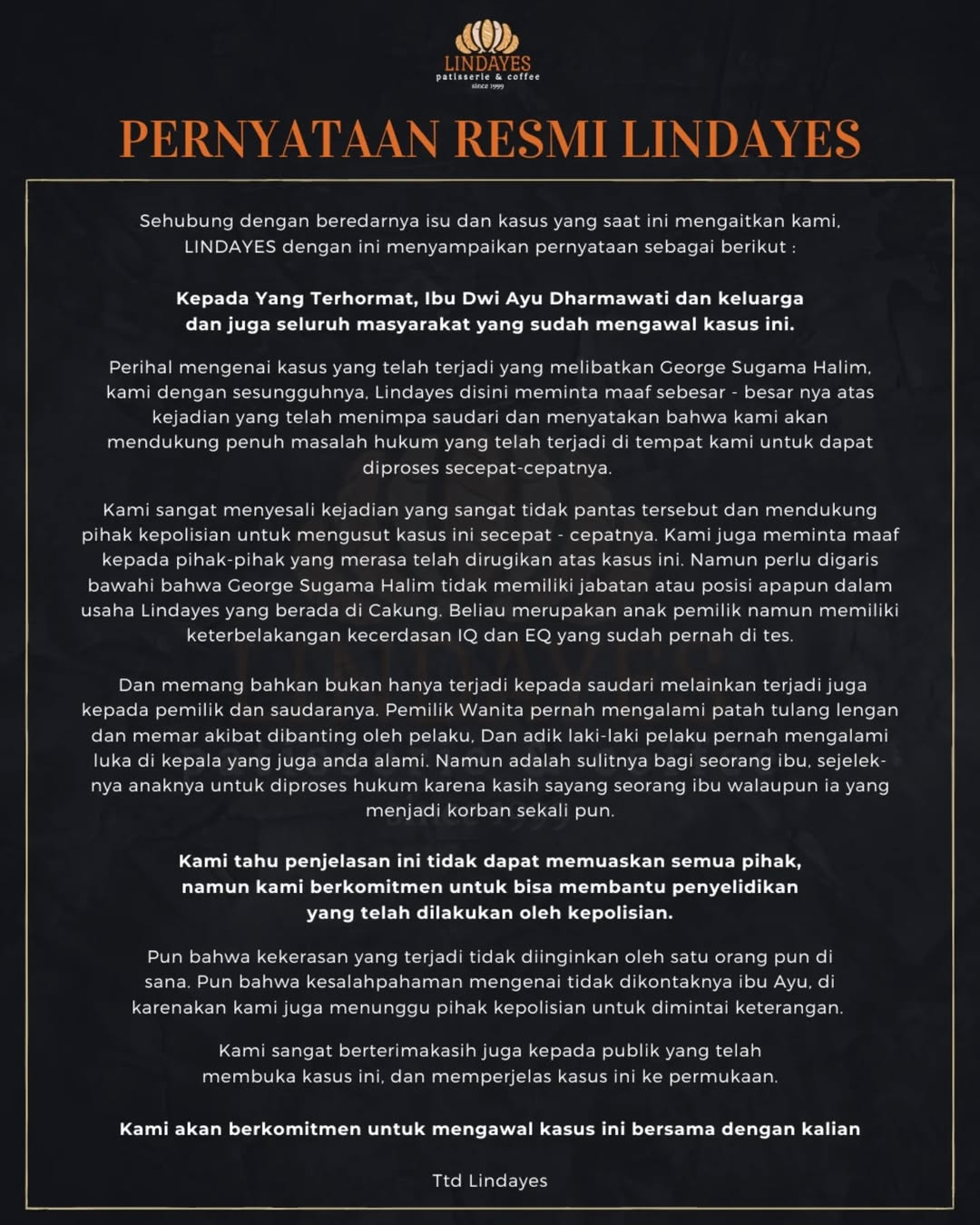 Klarifikasi Toko Roti Lindayes Terkait Anak Bos Aniaya Pegawai: Kami Minta Maaf