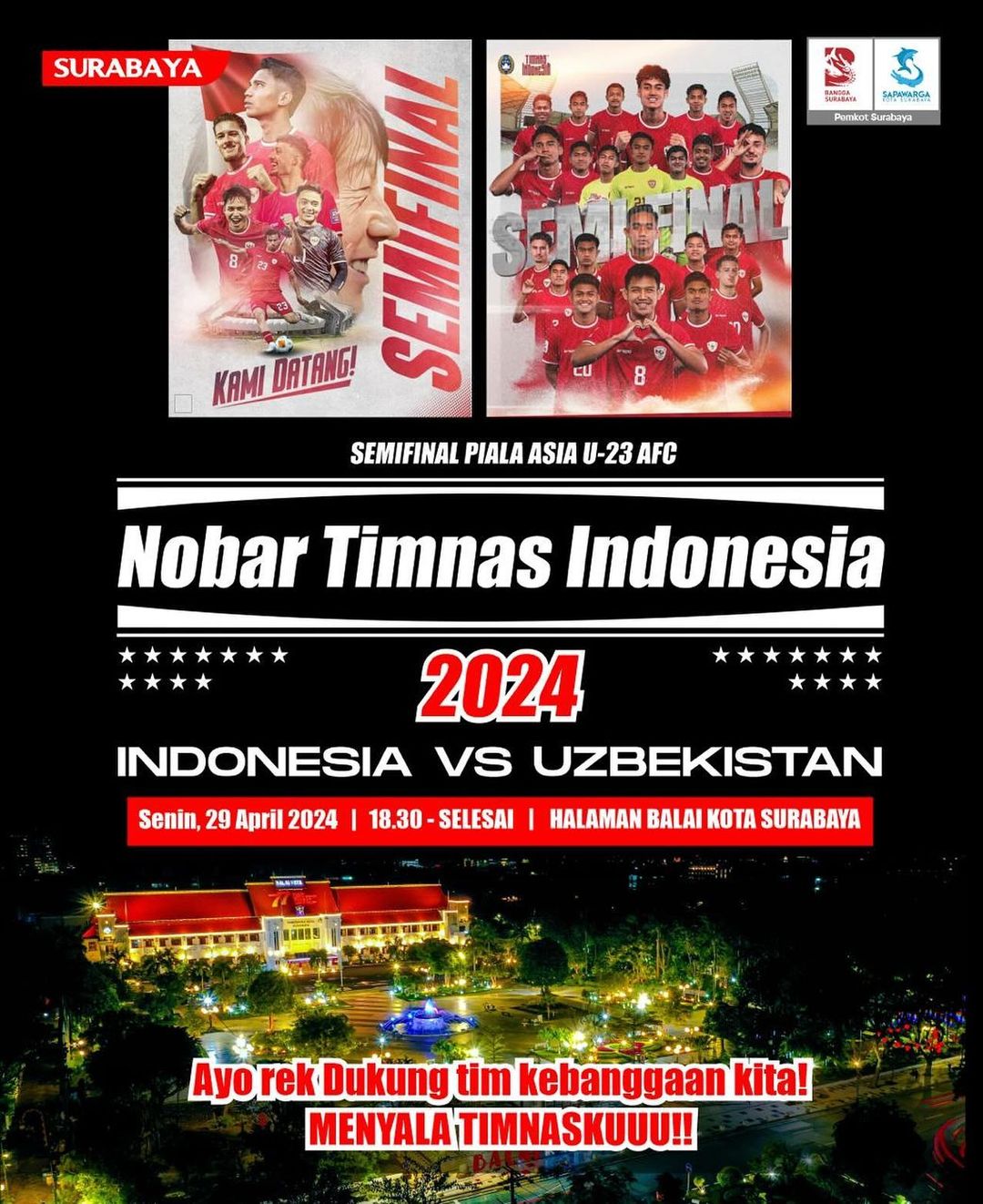 Info Lokasi Nobar Timnas Indonesia vs Uzbekistan Piala Asia U-23 di Surabaya