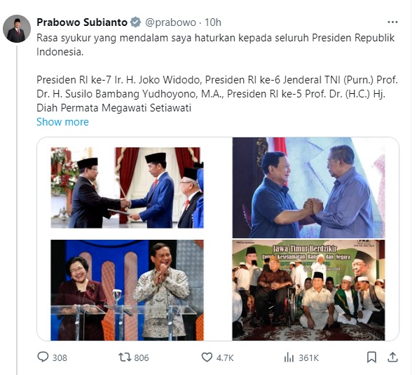 Jelang Pelantikan Hari Ini, Prabowo Unggah Foto 7 Presiden RI: Syukur Saya Haturkan