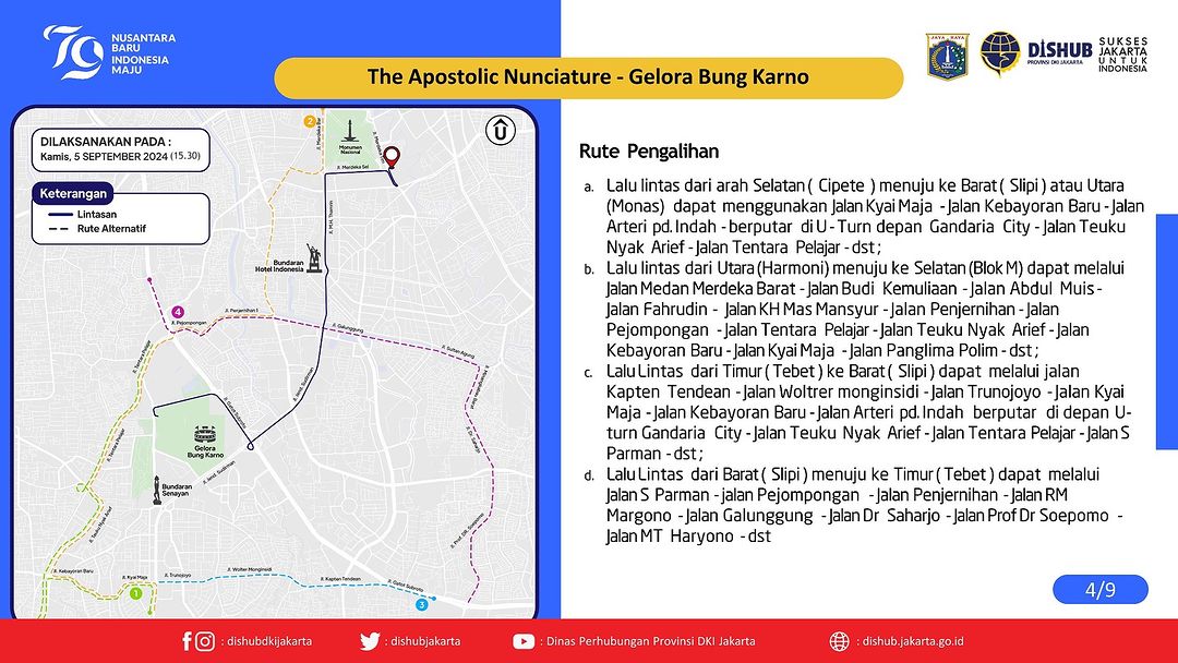 Kunjungan Paus Fransiskus ke Jakarta, Perhatikan Rekayasa Lalu Lintas 4-5 September