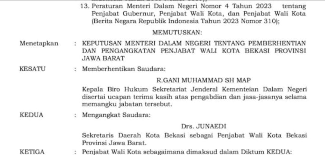 Pj Wali Kota Bekasi Raden Gani Diganti?