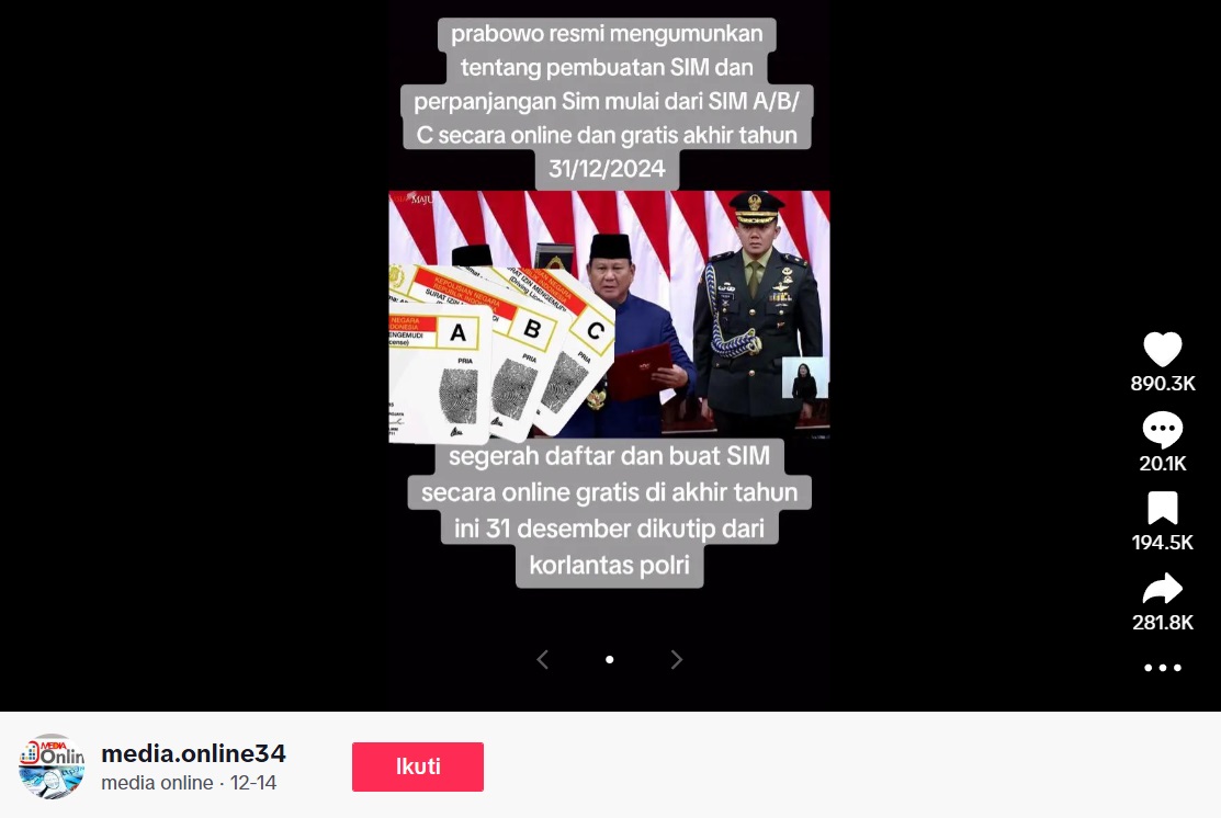 Cek Fakta: Prabowo Umumkan Pembuatan SIM Online Gratis, Ini Faktanya