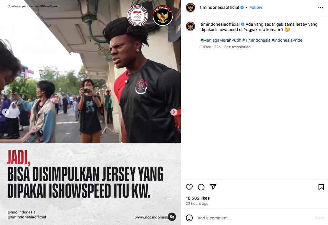 Akun IG Tim Indonesia Singgung IShowSpeed Pakai Jersey KW, Netizen: <i>Support Ngga, Nyinyir Iya</i>