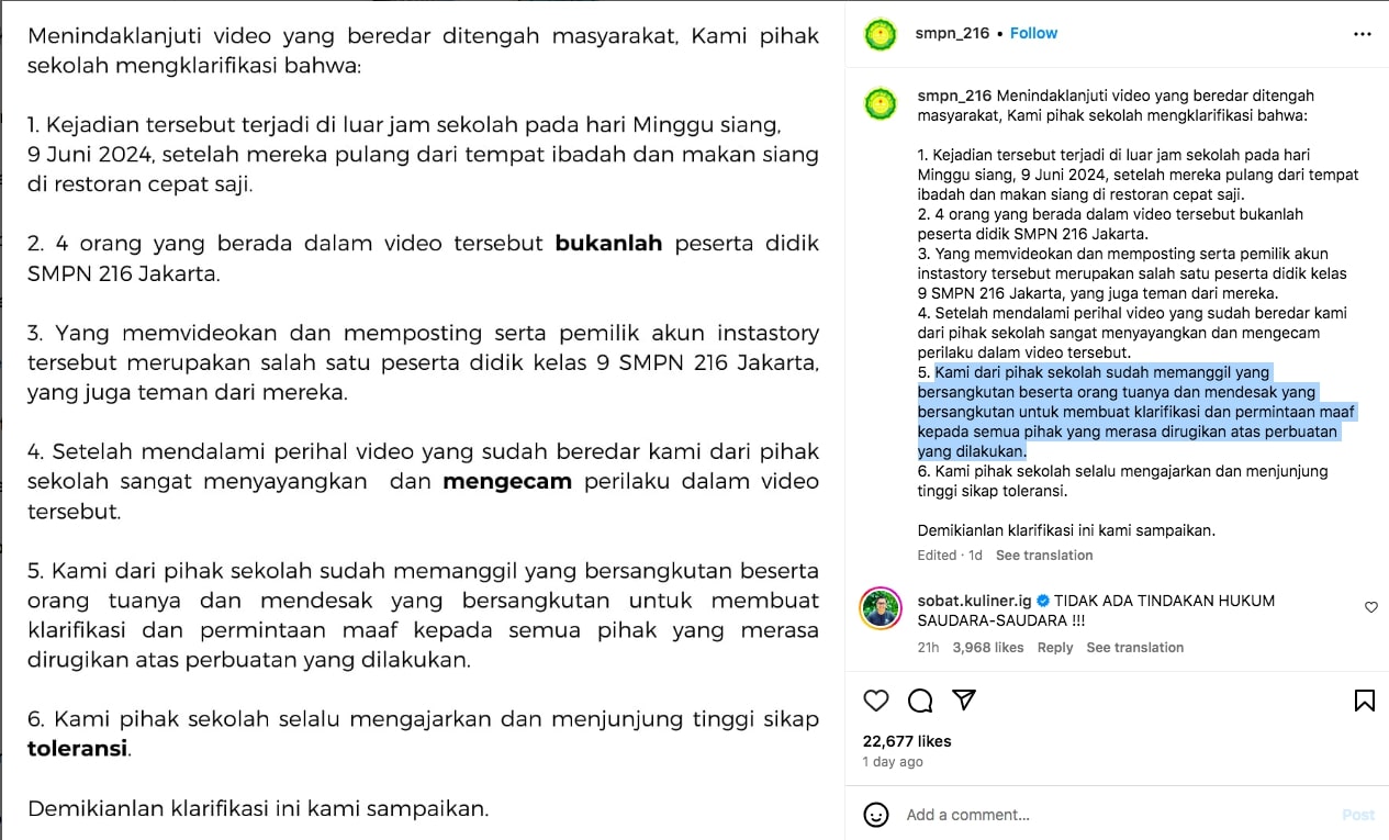 SMPN 216 Jakarta Klarifikasi Soal Siswi Diduga Ejek Korban Palestina