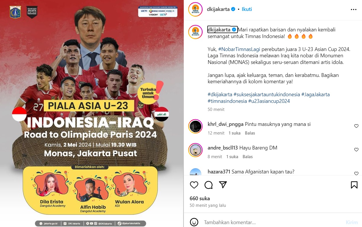 Pemprov DKI Gelar Nobar Timnas U-23 vs Irak di Monas, Berikut Lokasi Kantong Parkir yang Disediakan