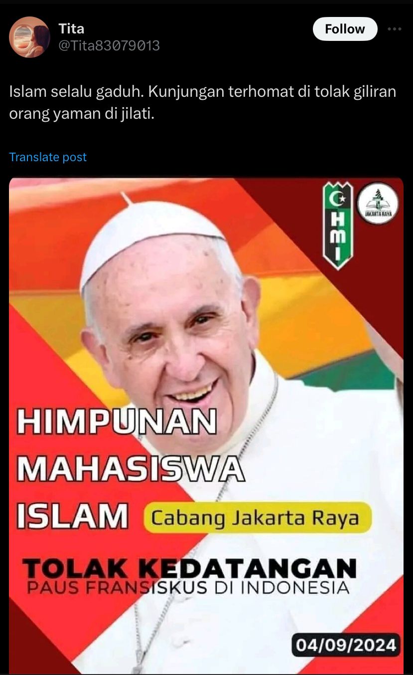 [Cek Fakta] HMI Tolak Kedatangan Paus Fransiskus ke Indonesia? Ini Faktanya