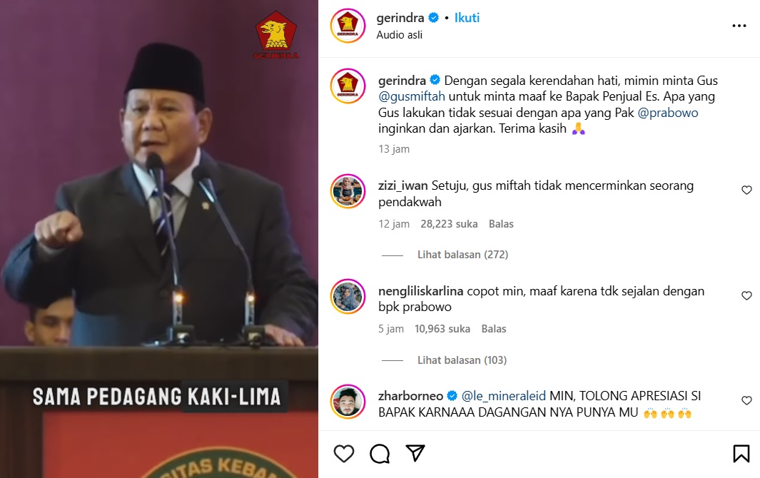 Prabowo Diminta Pecat Gus Miftah Sebagai Utusan Khusus Presiden usai Hina Penjual Es Teh