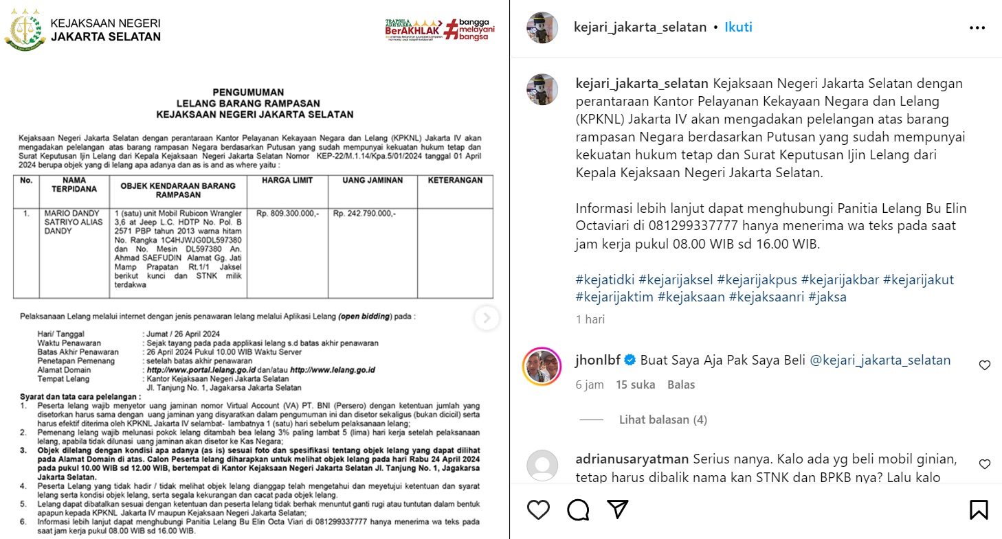 Jeep Rubicon Mario Dandy Dilelang Akhir Bulan Ini, Segini Harganya
