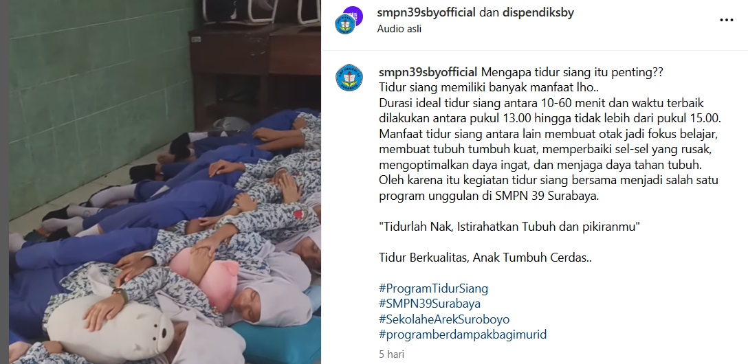 Viral SMPN 39 Surabaya Terapkan Program Tidur Siang di Sekolah, Ini Tujuannya