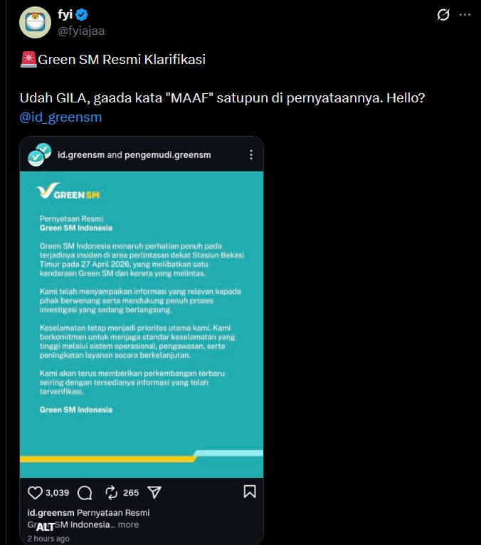 Tak Ada Permintaan Maaf, Pernyataan Resmi Green SM Tuai Sorotan Terkait Insiden Kereta
